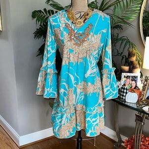 Elegant Turquoise and Beige Floral Midi Dress